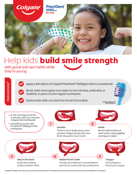 Front of guide. Happy asian child showing off her muscle with a proud smile. Graphically details instructions on how to brush.